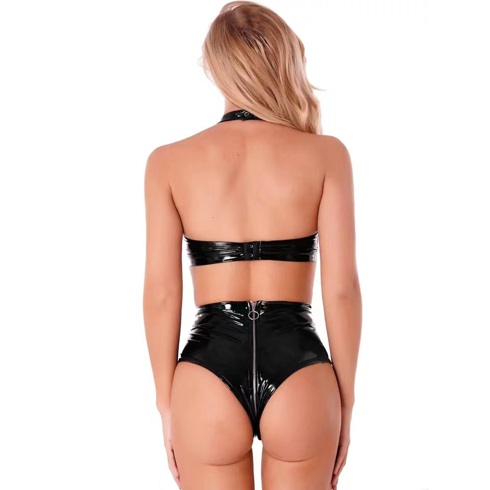 Set Lingerie Kulit Lateks Pu B - Plunge Bra Push Up ulasan dan harga